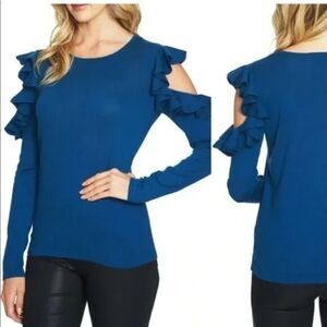 CECE Womens Sweater Small Blue Pullover Cold Shoulder Ruffle Stretch Knit